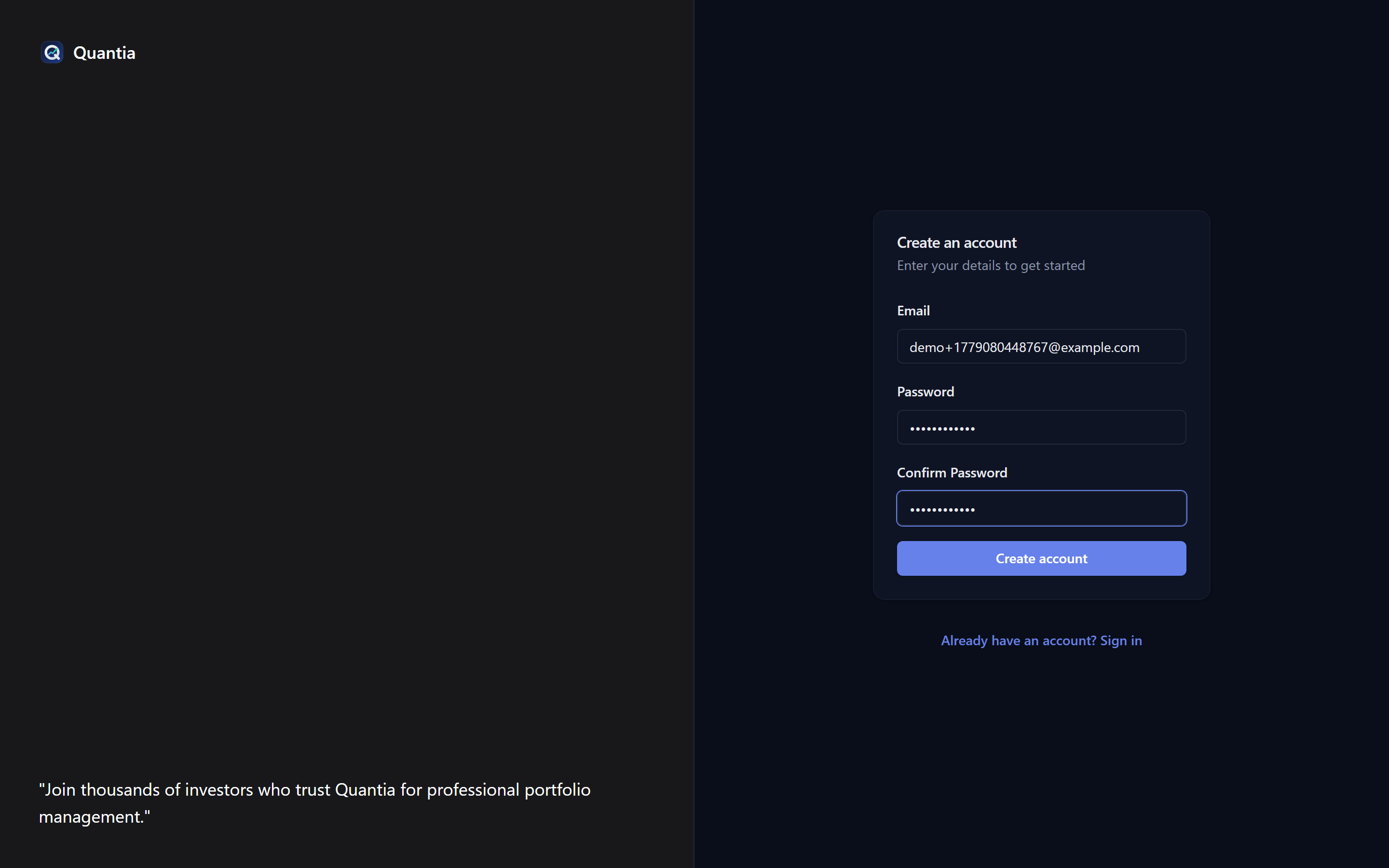 Quantia registration form