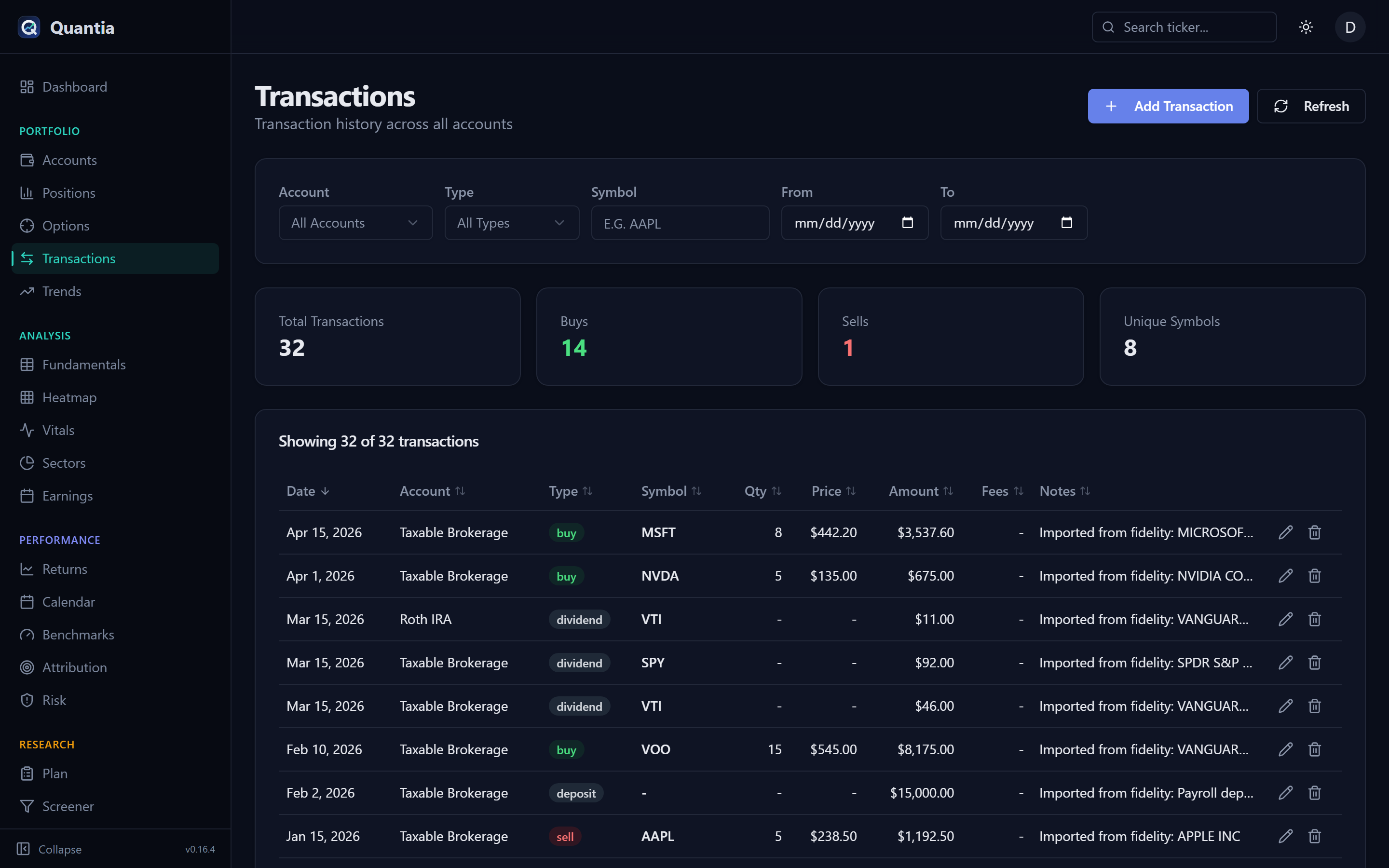 Transactions page